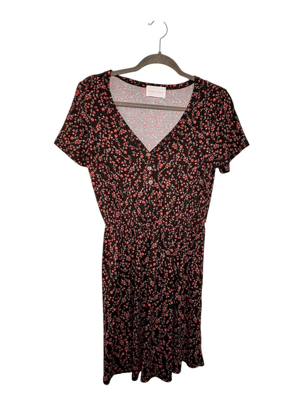 French Grey Black Red Floral Mini Dress Feminine Romantic Indie Medium
